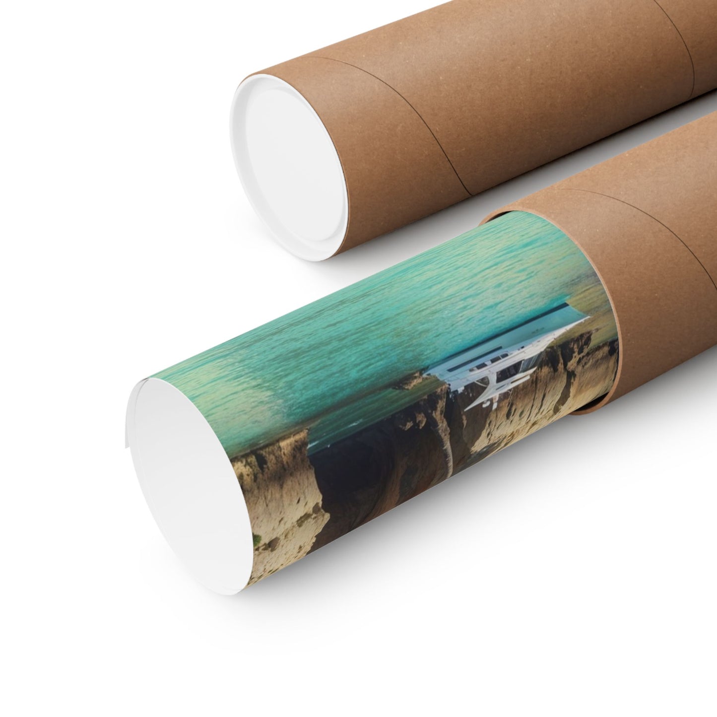 Coastal art prints rolled in eco-friendly packaging showcasing vibrant ocean scenery for home decor.