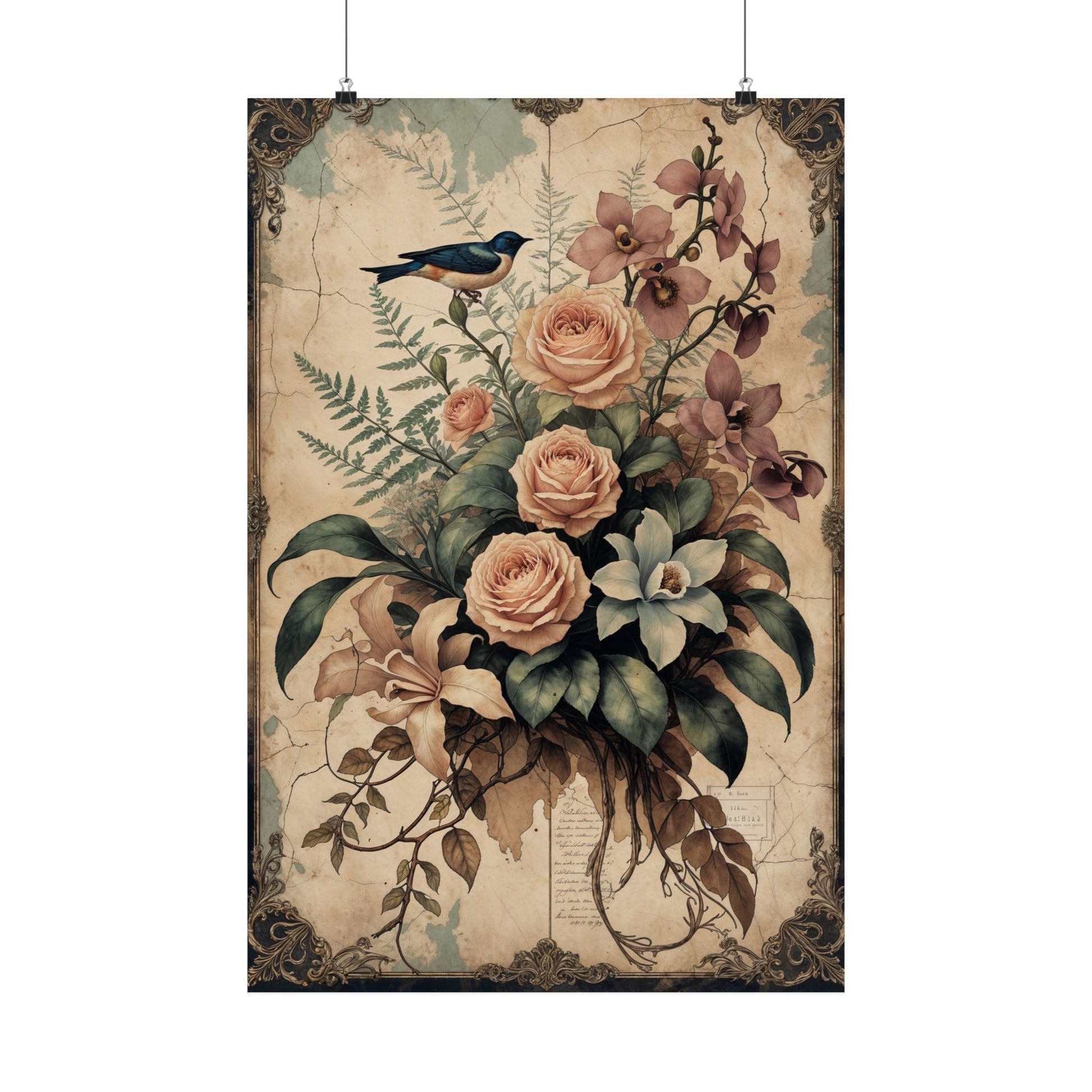 Coastal botany art print featuring roses, orchids, and a bird, perfect for elegant home decor.