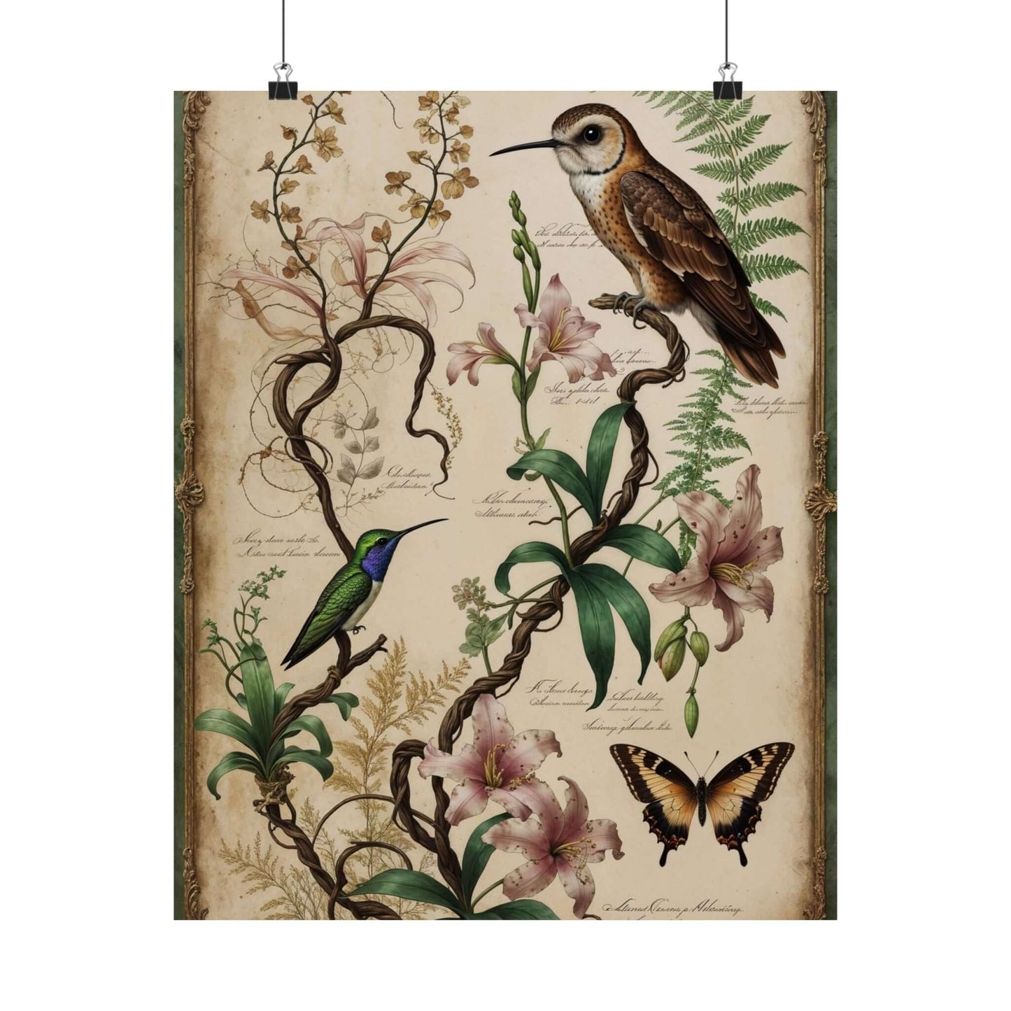 Coastal Botany Art Print featuring vibrant birds, flowers, and a butterfly in an elegant design.