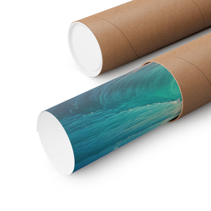 Coastal art print rolled up in a cardboard tube, showcasing vibrant ocean waves ready for framing.