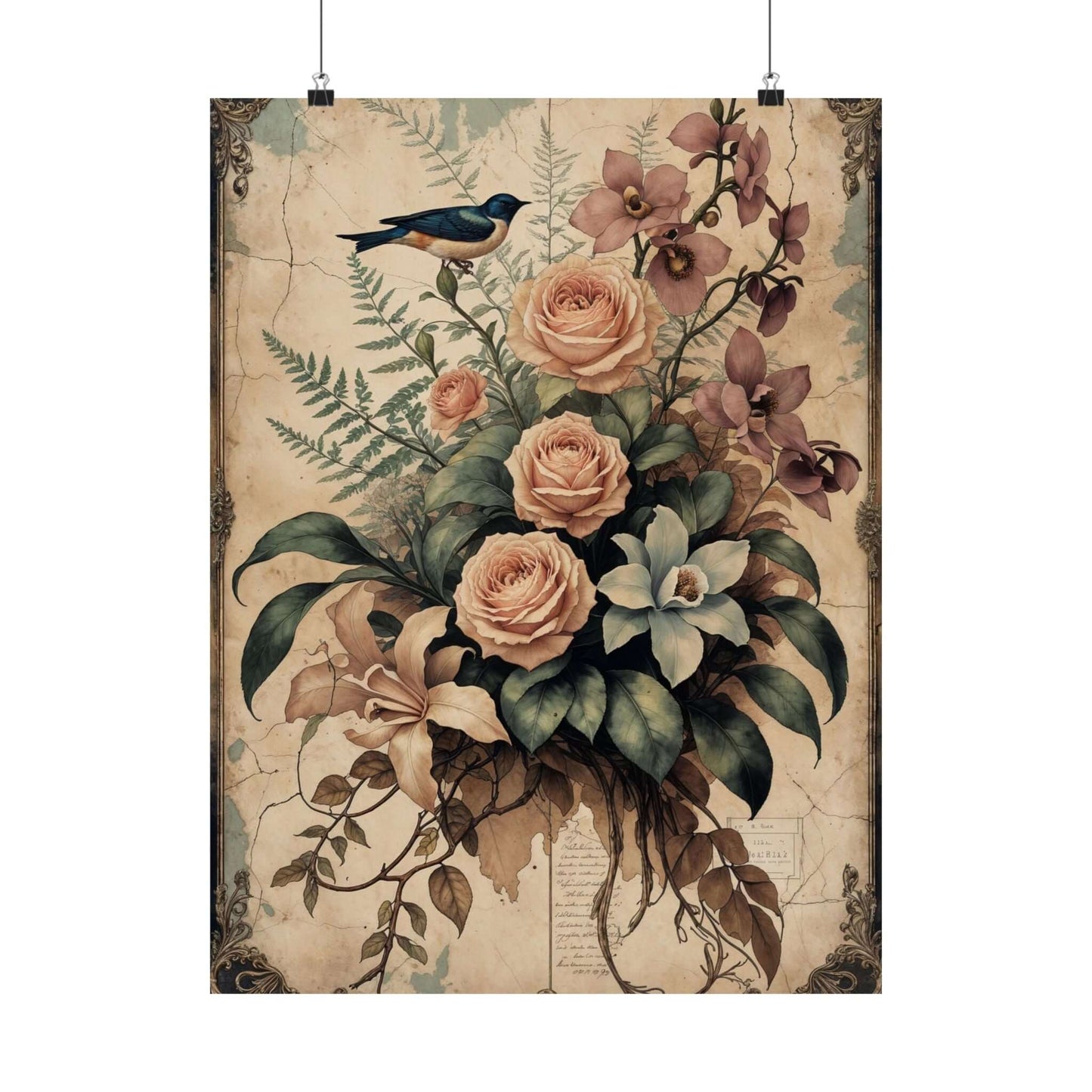 Colorful botany art print featuring roses, orchids, and a bird, perfect for coastal decor and elegant home transformation.