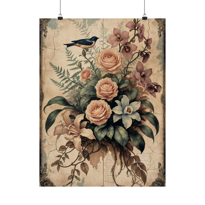 Colorful botany art print featuring roses, orchids, and a bird, perfect for coastal decor and elegant home transformation.