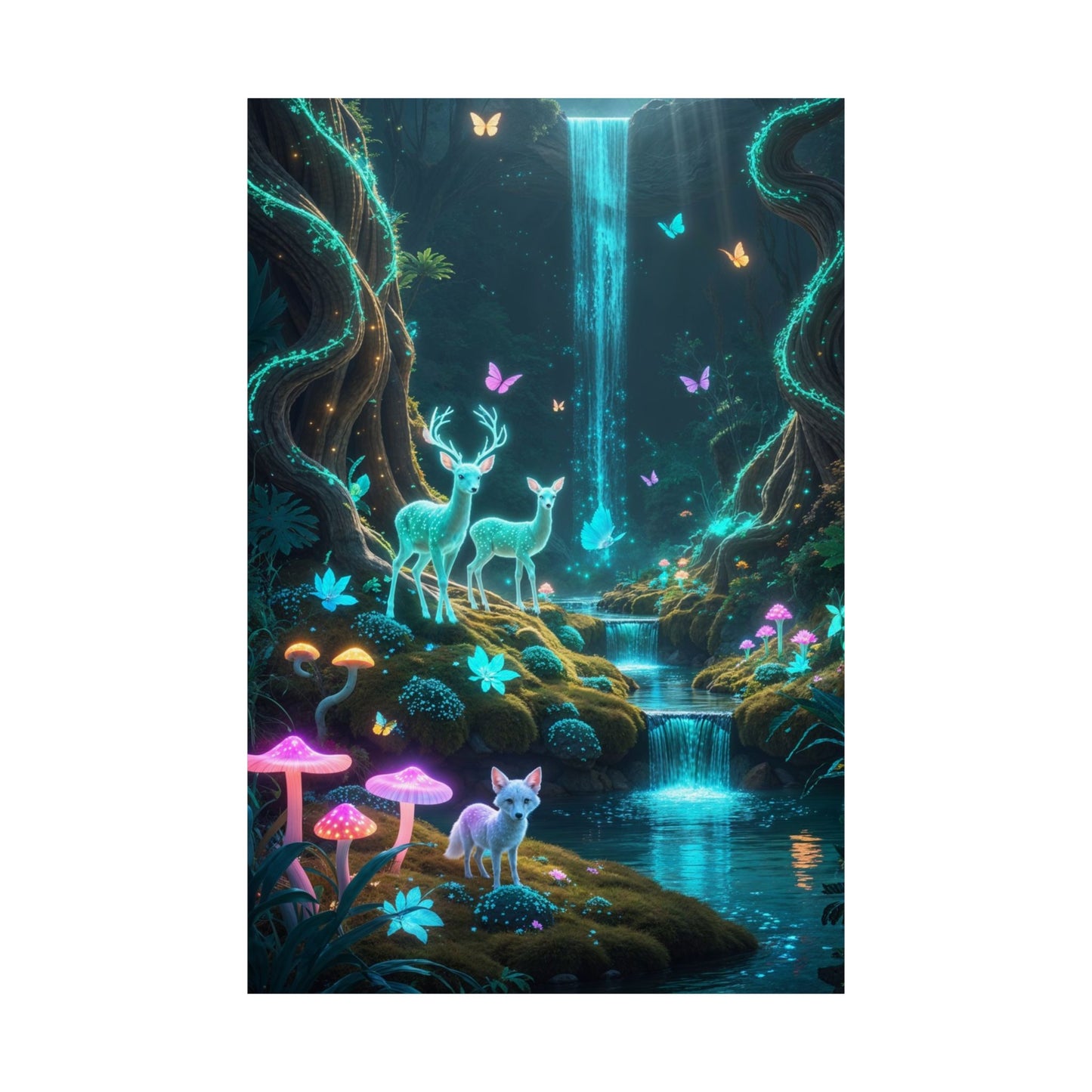 Vibrant forest scene with glowing deer and a white cat by a waterfall, surrounded by colorful mushrooms and butterflies.